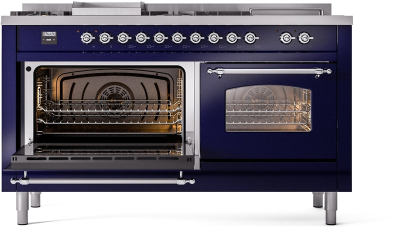 ILVE Nostalgie II 60" Dual Fuel Propane Gas Range in Blue with Chrome Trim, UP60FSNMPMBCLP