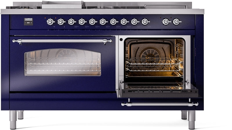 ILVE Nostalgie II 60" Dual Fuel Propane Gas Range in Blue with Chrome Trim, UP60FSNMPMBCLP