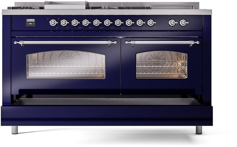 ILVE Nostalgie II 60" Dual Fuel Propane Gas Range in Blue with Chrome Trim, UP60FSNMPMBCLP