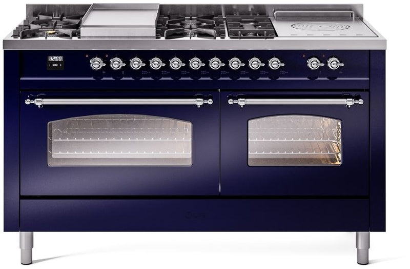 ILVE Nostalgie II 60" Dual Fuel Propane Gas Range in Blue with Chrome Trim, UP60FSNMPMBCLP