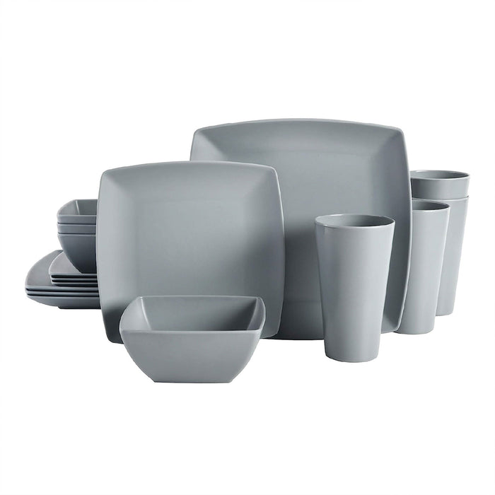 Gibson Home 16 Piece Square Melamine Dinnerware Set Plates, Bowls, & Cups, Grey