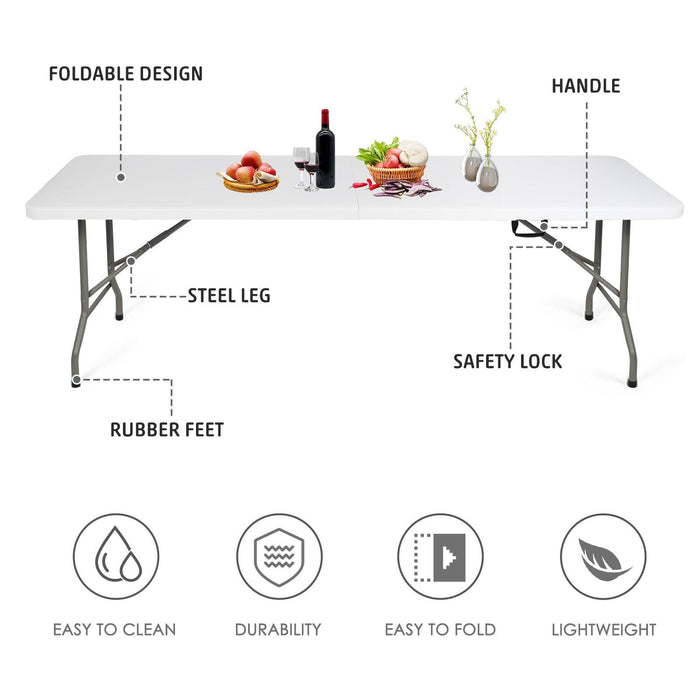 8ft Portable Folding Plastic Table for 8-10 Picnic Dining Table 96" with Carry Handle, White