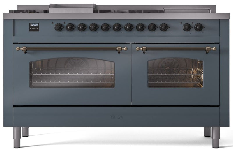 ILVE Nostalgie II 60" Dual Fuel Propane Gas Range in Blue Grey with Bronze Trim, UP60FSNMPBGBLP