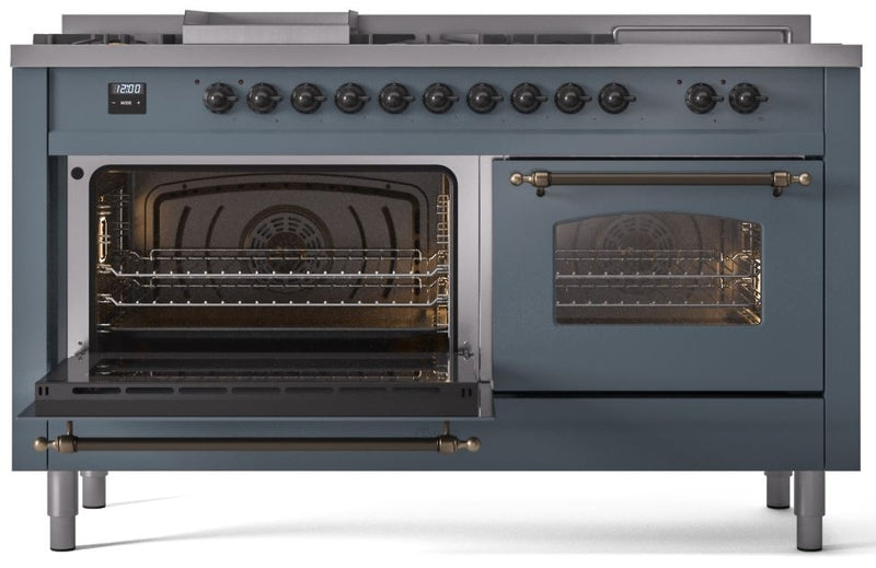 ILVE Nostalgie II 60" Dual Fuel Propane Gas Range in Blue Grey with Bronze Trim, UP60FSNMPBGBLP