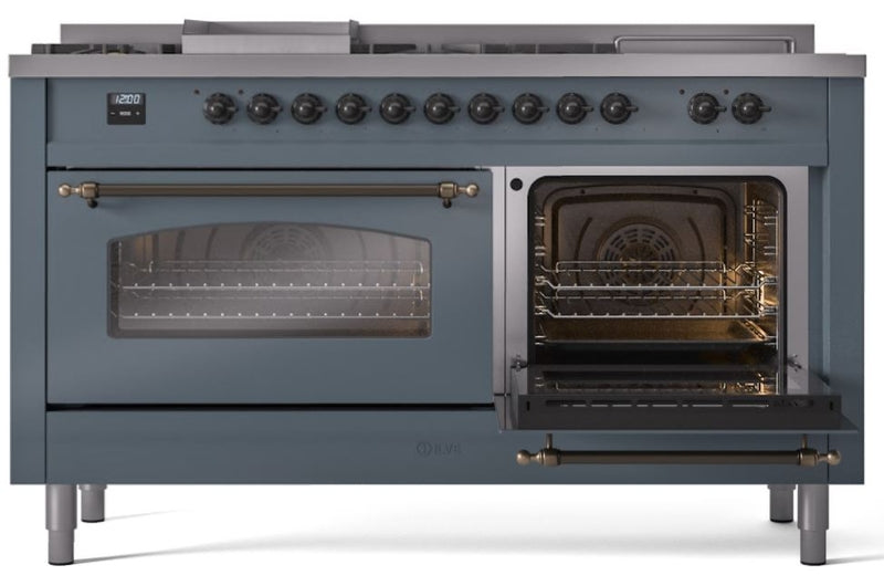 ILVE Nostalgie II 60" Dual Fuel Propane Gas Range in Blue Grey with Bronze Trim, UP60FSNMPBGBLP