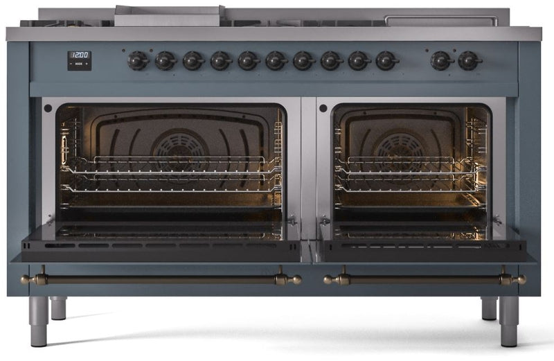 ILVE Nostalgie II 60" Dual Fuel Propane Gas Range in Blue Grey with Bronze Trim, UP60FSNMPBGBLP