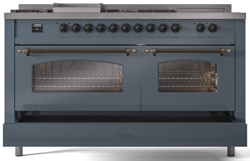 ILVE Nostalgie II 60" Dual Fuel Propane Gas Range in Blue Grey with Bronze Trim, UP60FSNMPBGBLP