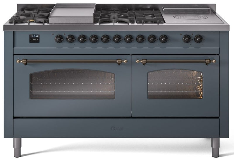 ILVE Nostalgie II 60" Dual Fuel Propane Gas Range in Blue Grey with Bronze Trim, UP60FSNMPBGBLP