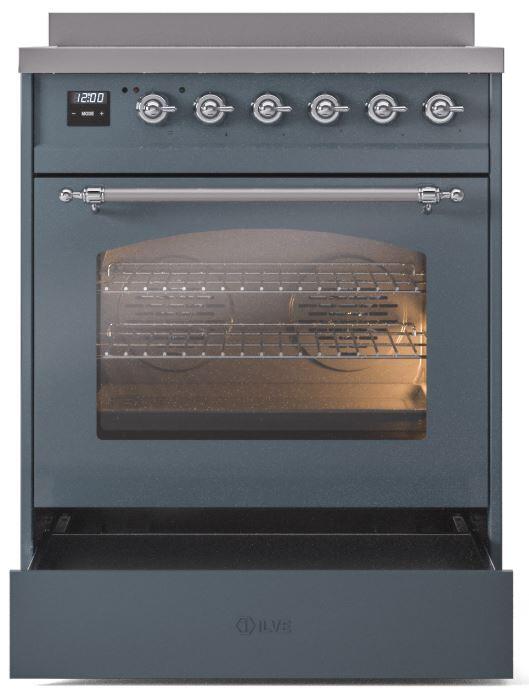 ILVE Nostalgie II 30" Induction Range with Element Stove and Electric Oven in Blue Grey with Chrome Trim, UPI304NMPBGC