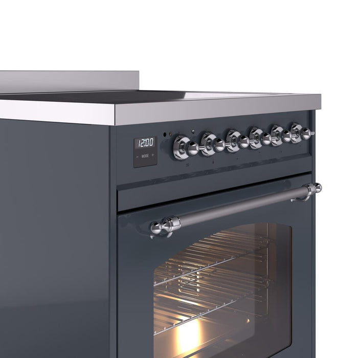 ILVE Nostalgie II 30" Induction Range with Element Stove and Electric Oven in Blue Grey with Chrome Trim, UPI304NMPBGC