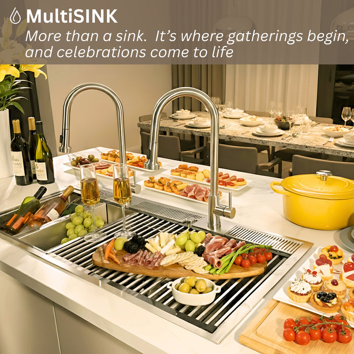 FORNO ACQUA 45 in. Drop-In/Undermount 3-Level Workstation Sink with Two Faucets & Glass Rinser