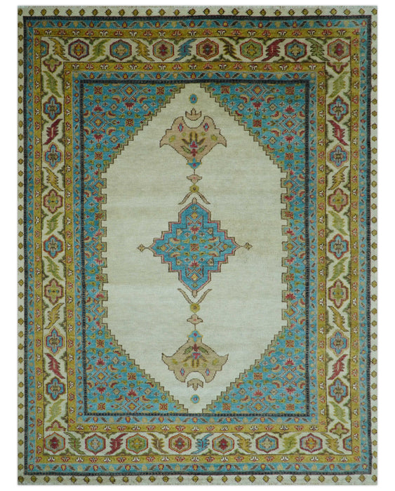 Custom Made Traditional Serapi Design Ivory And Blue Hand Knotted Wool Rug