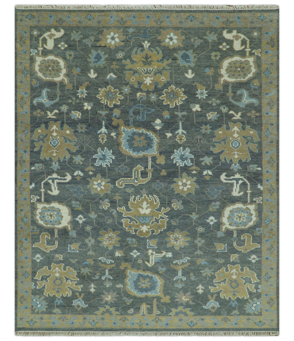 Traditional Oushak Design Charcoal And Camel Hand Knotted Custom Made Wool rug