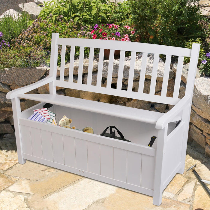 Outdoor Storage Bench Wooden Deck Box Bench Outdoor Seating with Back, White