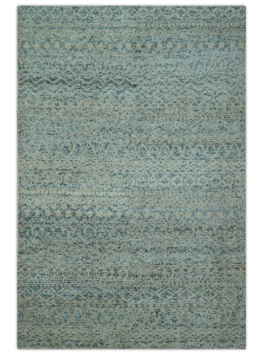 6X9 Teal and Beige Hand Knotted Southwestern Tribal Trellis recycled silk Rug