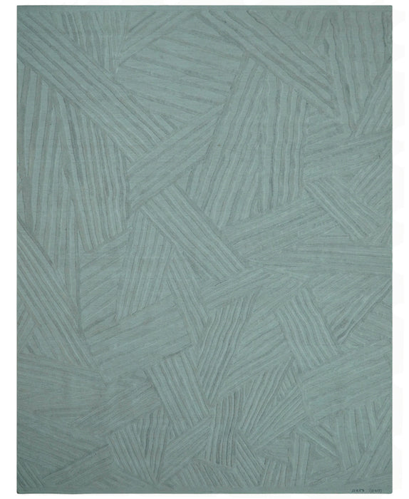 Modern Geometrical Pattern Ivory and Silver Hand Knotted 10x13 Wool Rug