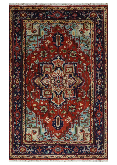 Hand knotted Brown, Aqua and Blue Traditional Heriz Serapi wool area rug