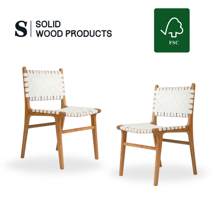 Ready to Ship Solid Wood Bonded Leather Woven Chair with White Leather(SET OF 2 PCS)