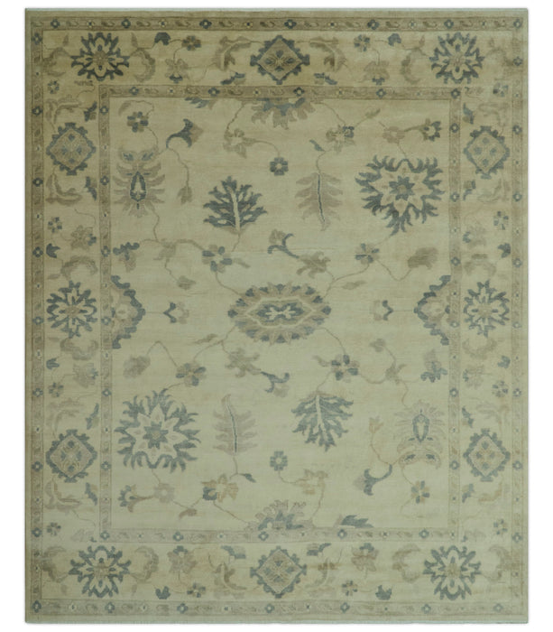 Hand Knotted Beige And Blue Traditional Oushak Design 9x11 Wool Area Rug
