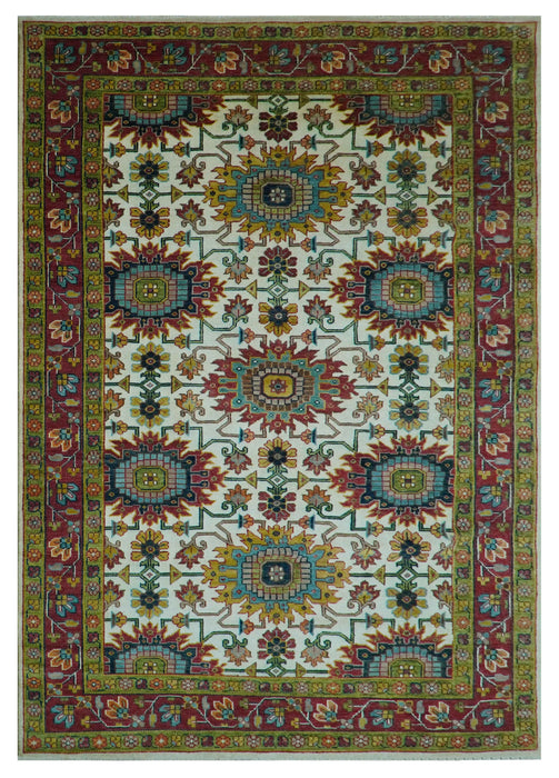 Custom Made Ivory And Maroon Traditional Floral Motifs Design Hand Knotted Wool Rug