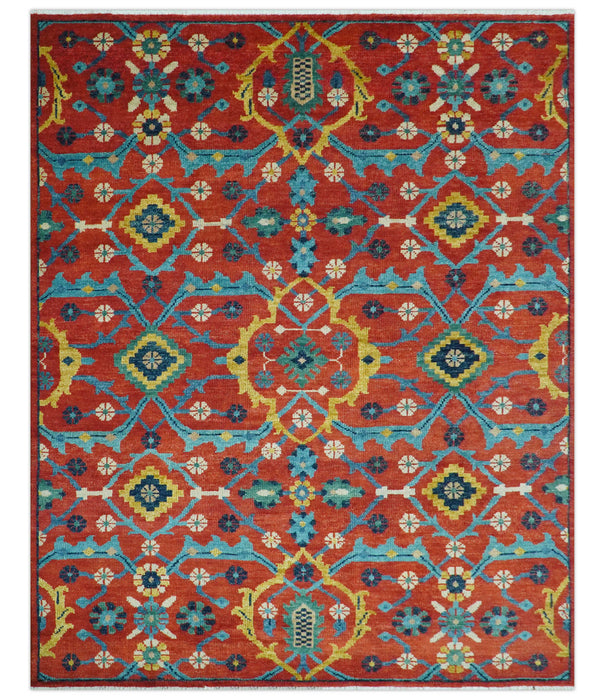 Custom Made Red And Blue Traditional Floral Motifs Hand Knotted Wool Rug