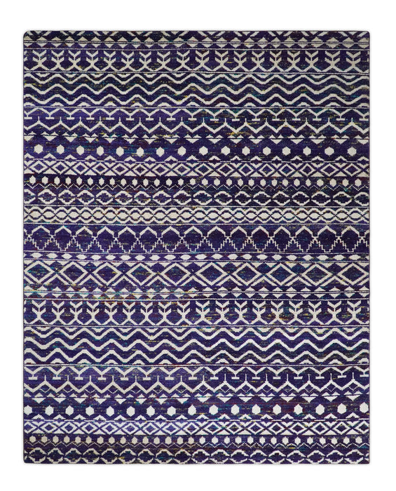 4x6 and 8x10 Hand Knotted Blue and White Modern Contemporary Southwestern Tribal Trellis Recycled Silk Area Rug | OP6