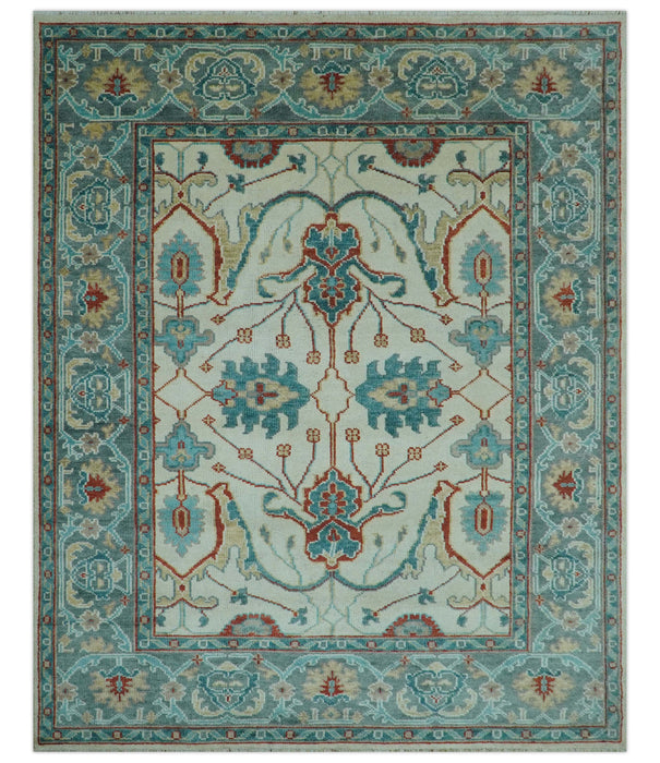 Custom Made Traditional Oriental Oushak Ivory And Blue Hand Knotted Wool Rug