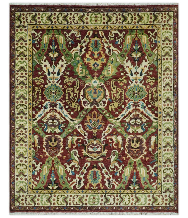 Traditional Large Design Maroon and Green Hand Knotted Custom Made wool area rug