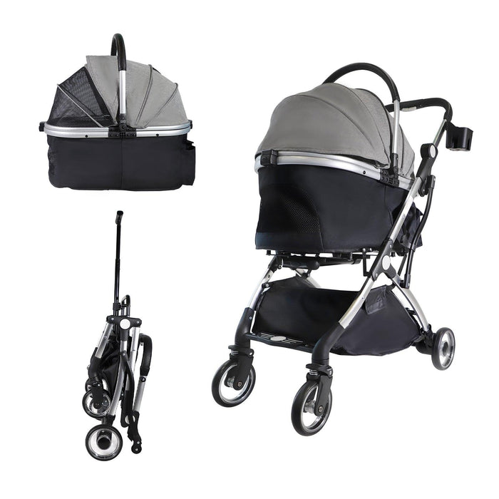 3 in 1 Travel Dog Stroller Pet Carrier with Detachable Carrier & Adjustable Handle, Gray