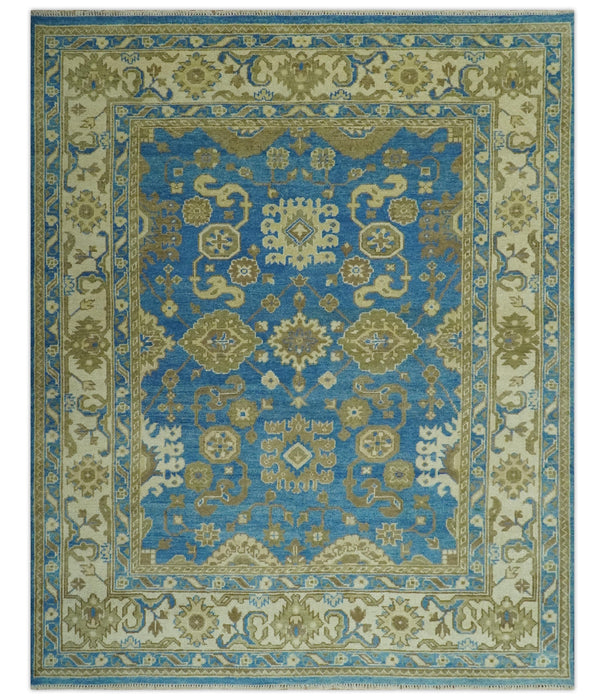 Antique design 8x10 Blue and Olive Traditional Oriental Oushak wool area rug