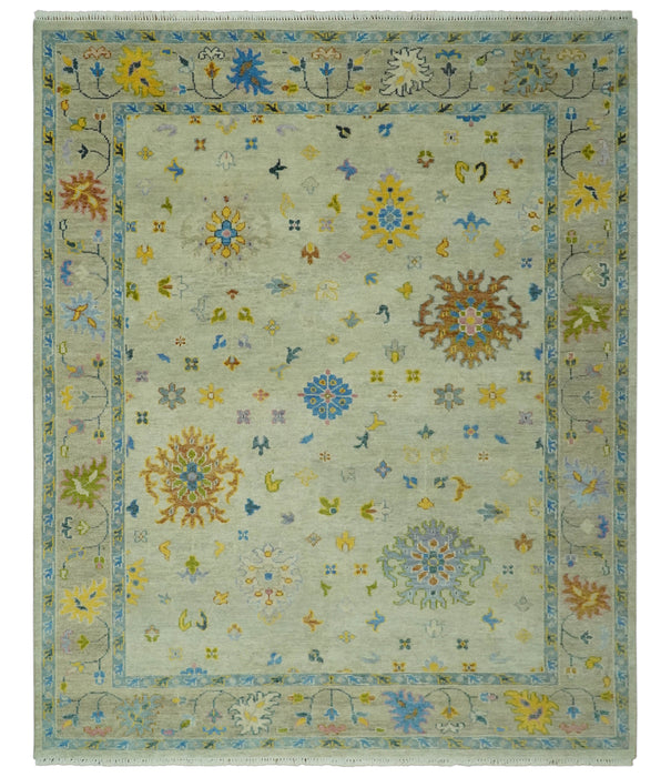 Beige and Blue Hand Knotted 8x10 Traditional Floral wool area rug