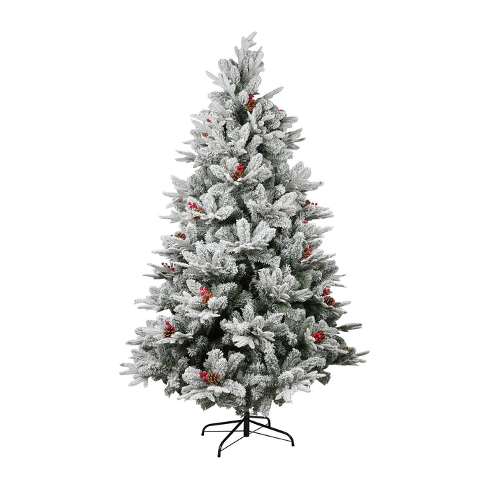 6.9ft Artificial Christmas Tree Snow Flocked Xmas Tree with 1150 Branch Tips Pine Cones and Red Berries