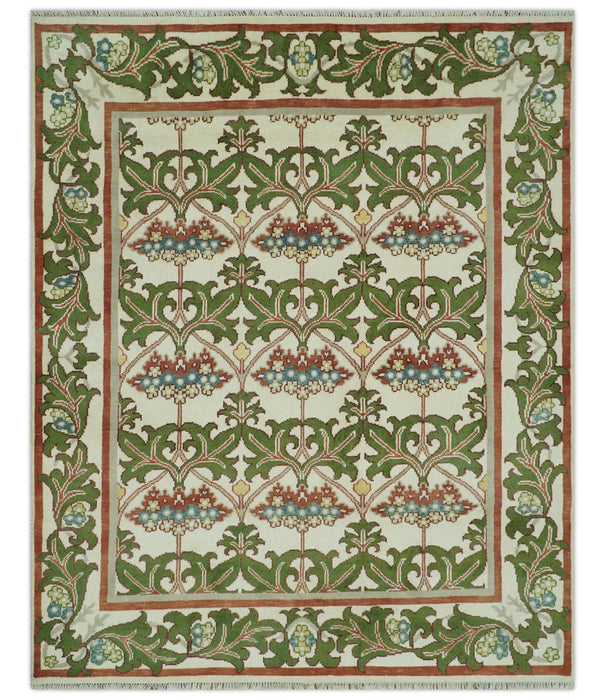 Hand Knotted Ivory and Green Floral Traditional Antique Style Wool Area Rug