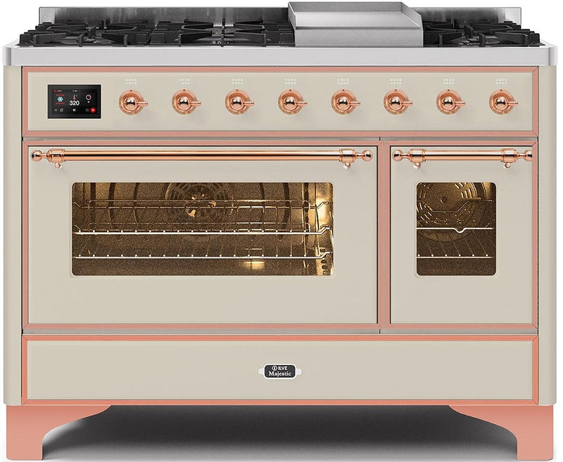 ILVE Majestic II 48" Dual Fuel Propane Gas Range in Antique White with Copper Trim, UM12FDNS3AWPLP