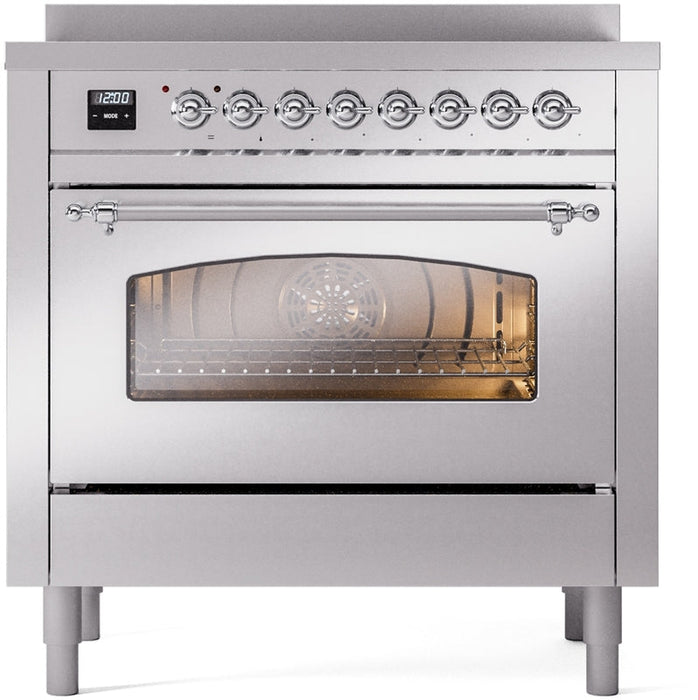 ILVE Nostalgie II 36" Induction Range with Element Stove and Electric Oven in Stainless Steel with Chrome Trim, UPI366NMPSSC