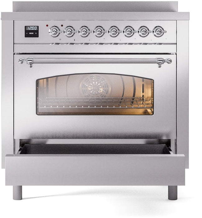 ILVE Nostalgie II 36" Induction Range with Element Stove and Electric Oven in Stainless Steel with Chrome Trim, UPI366NMPSSC