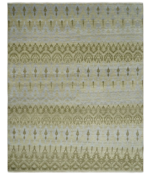Fine Green 8x10 Hand Knotted Beige, Olive and Silver Traditional Wool Rug