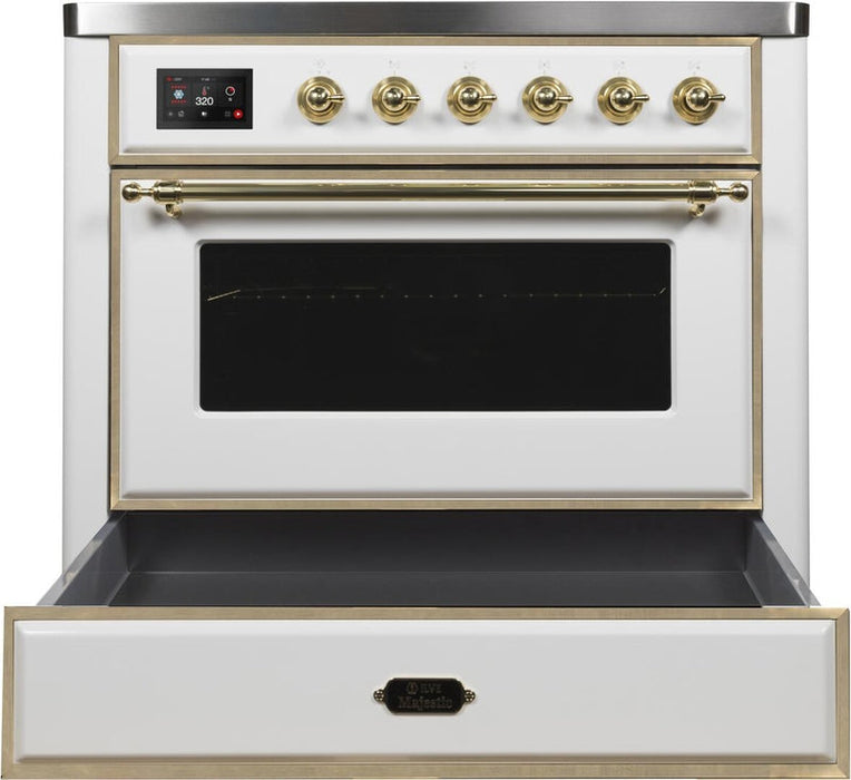 ILVE Majestic II 36" Induction Range with Element Stove and Electric Oven in White with Brass Trim, UMI09NS3WHG