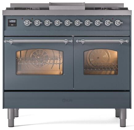 ILVE Nostalgie II 40" Dual Fuel Natural Gas Range in Blue Grey with Chrome Trim, UPD40FNMPBGC