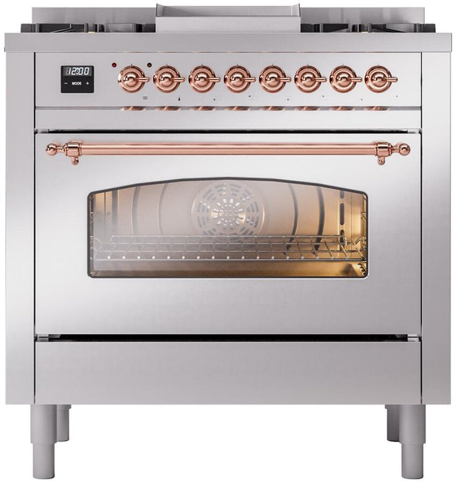 ILVE Nostalgie II 36" Dual Fuel Natural Gas Range in Stainless Steel with Copper Trim, UP36FNMPSSP