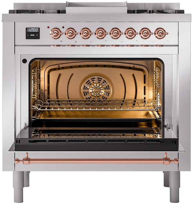 ILVE Nostalgie II 36" Dual Fuel Natural Gas Range in Stainless Steel with Copper Trim, UP36FNMPSSP