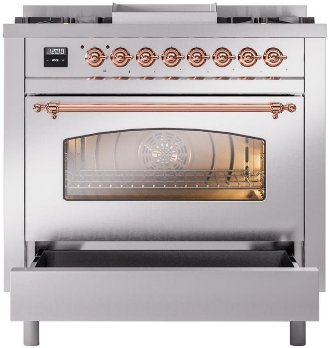 ILVE Nostalgie II 36" Dual Fuel Natural Gas Range in Stainless Steel with Copper Trim, UP36FNMPSSP