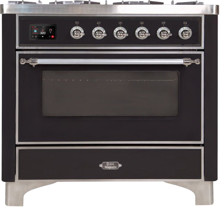 ILVE Majestic II 36" Dual Fuel Natural Gas Range in Glossy Black with Chrome Trim, UM09FDNS3BKC