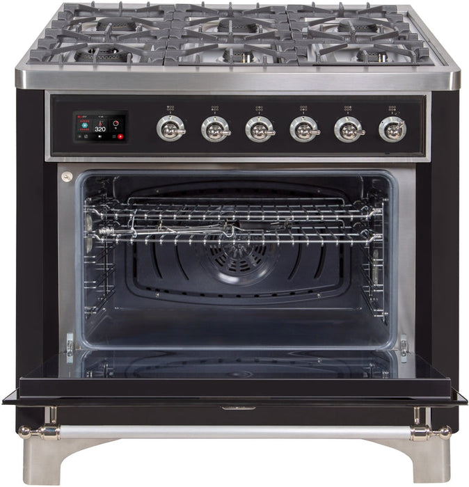 ILVE Majestic II 36" Dual Fuel Natural Gas Range in Glossy Black with Chrome Trim, UM09FDNS3BKC