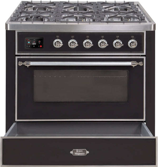 ILVE Majestic II 36" Dual Fuel Natural Gas Range in Glossy Black with Chrome Trim, UM09FDNS3BKC