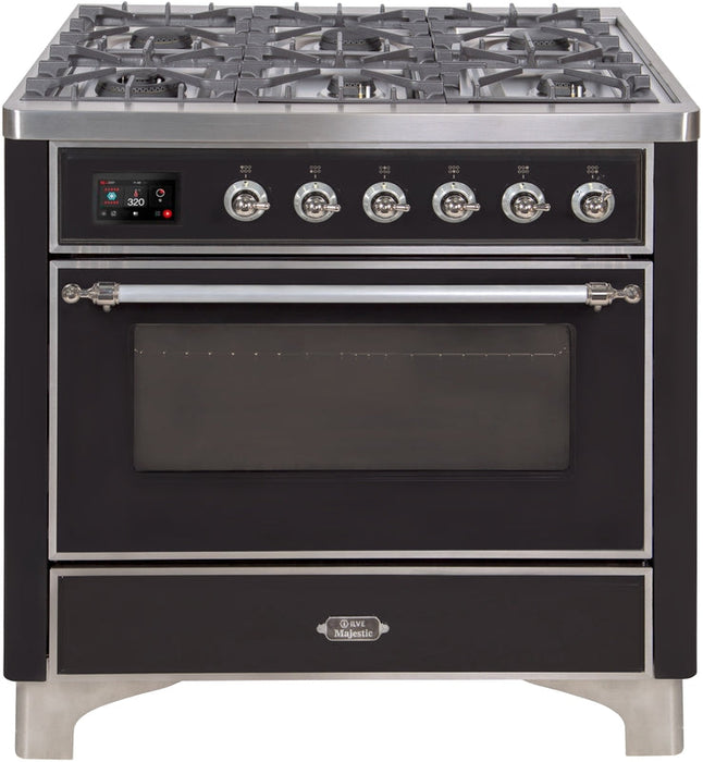 ILVE Majestic II 36" Dual Fuel Natural Gas Range in Glossy Black with Chrome Trim, UM09FDNS3BKC