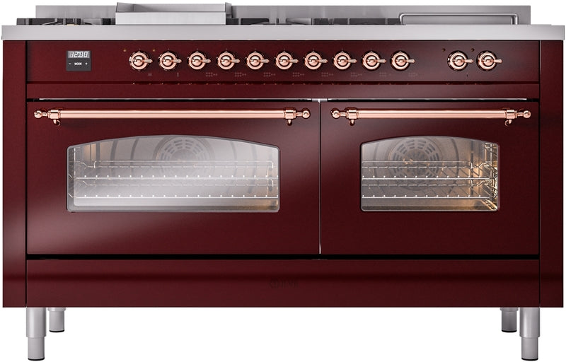 ILVE Nostalgie II 60" Dual Fuel Natural Gas Range in Burgundy with Copper Trim, UP60FSNMPBUP