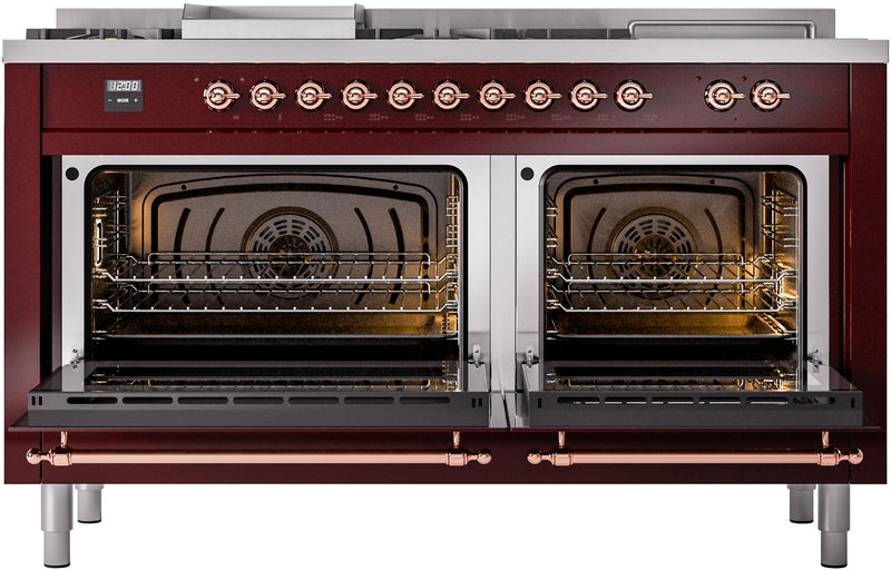 ILVE Nostalgie II 60" Dual Fuel Natural Gas Range in Burgundy with Copper Trim, UP60FSNMPBUP