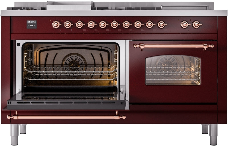 ILVE Nostalgie II 60" Dual Fuel Natural Gas Range in Burgundy with Copper Trim, UP60FSNMPBUP