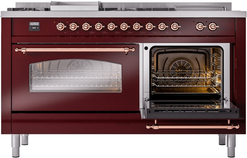 ILVE Nostalgie II 60" Dual Fuel Natural Gas Range in Burgundy with Copper Trim, UP60FSNMPBUP